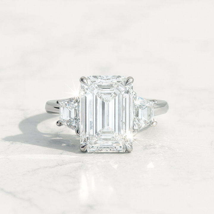Emerald and Trapezoid Three Stone Diamond Ring | Dallas