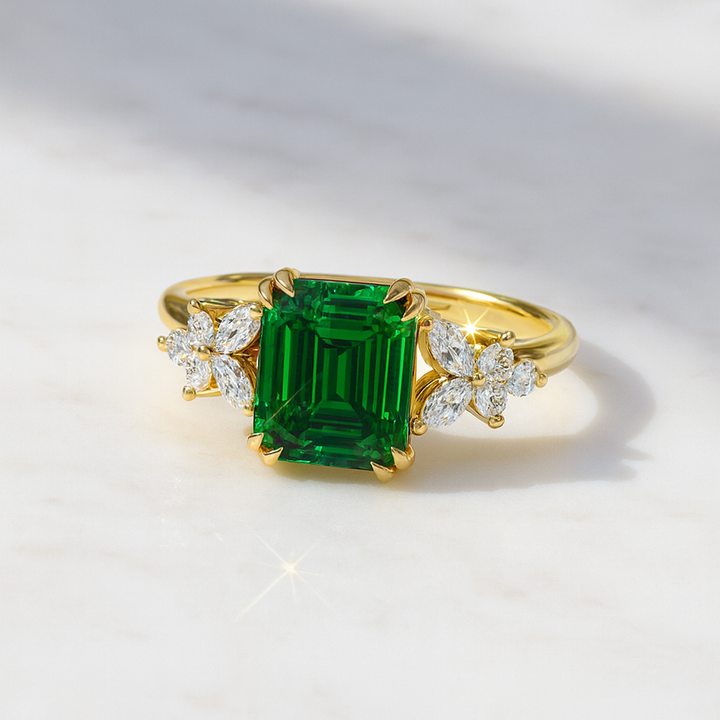 Green Emerald Gemstone and Diamond Ring