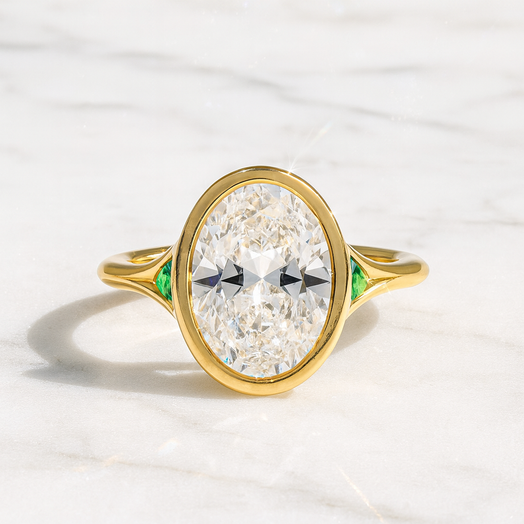 Oval Diamond Ring with Green Emerald Gemstones