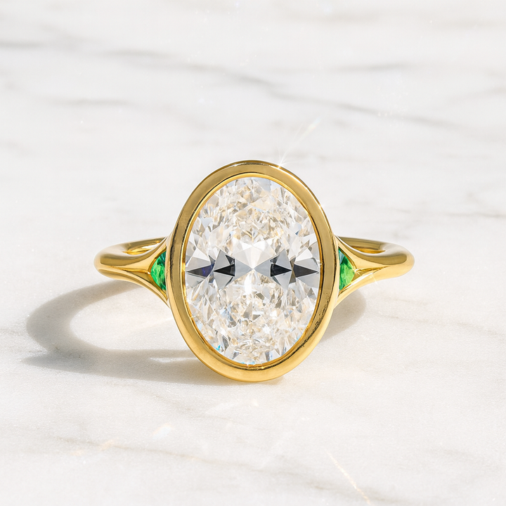 Oval Diamond Ring with Green Emerald Gemstones